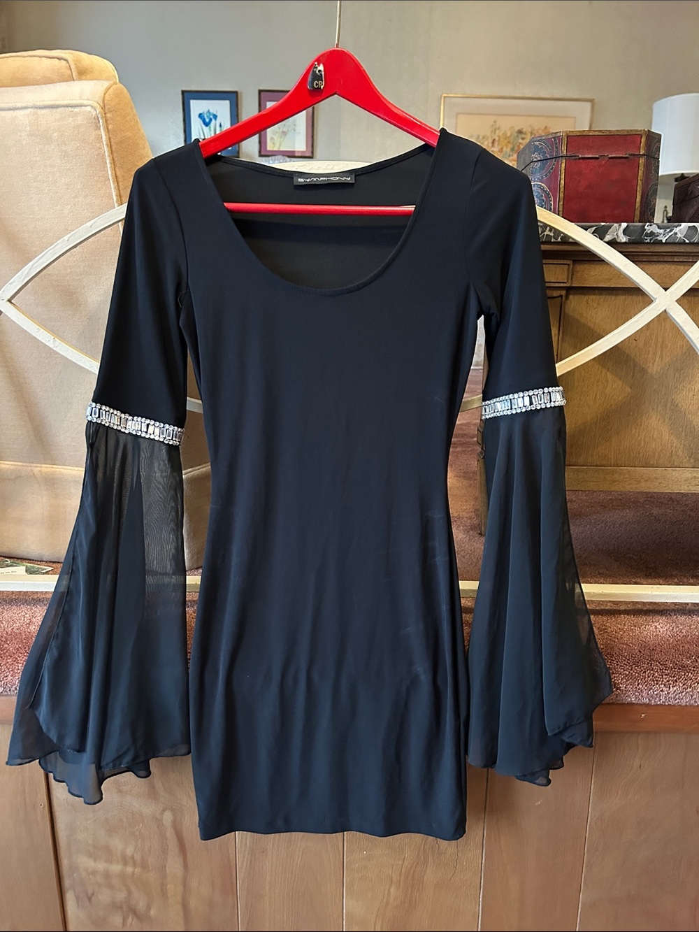Symphony Black Bell Sleeve Dress with Rhinestone Trim